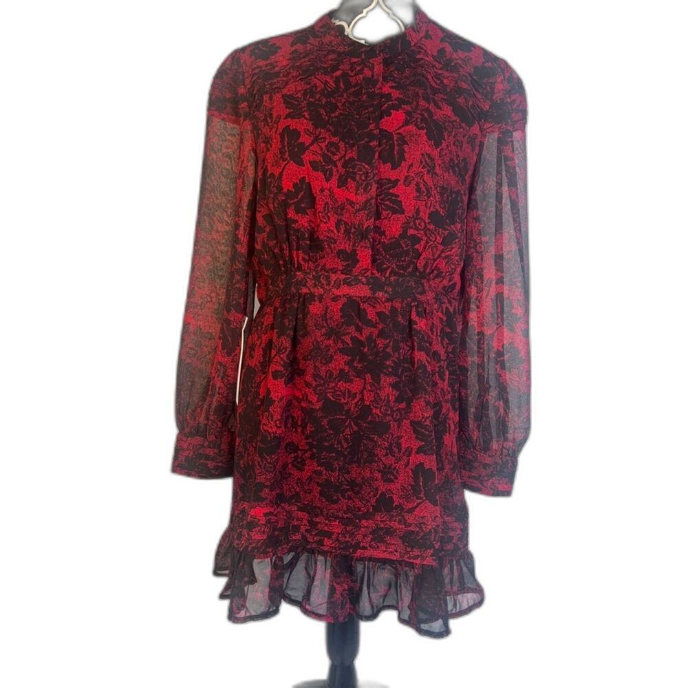 Topshop NWT Red & Black Dark Floral Fit & Flare Sheer Sleeve Dress Size 10P